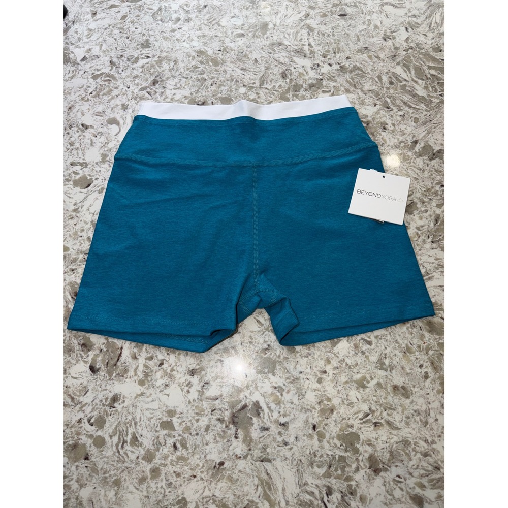 Beyond Yoga Womens High Waisted Biker Shorts heather turquoise white band size L
